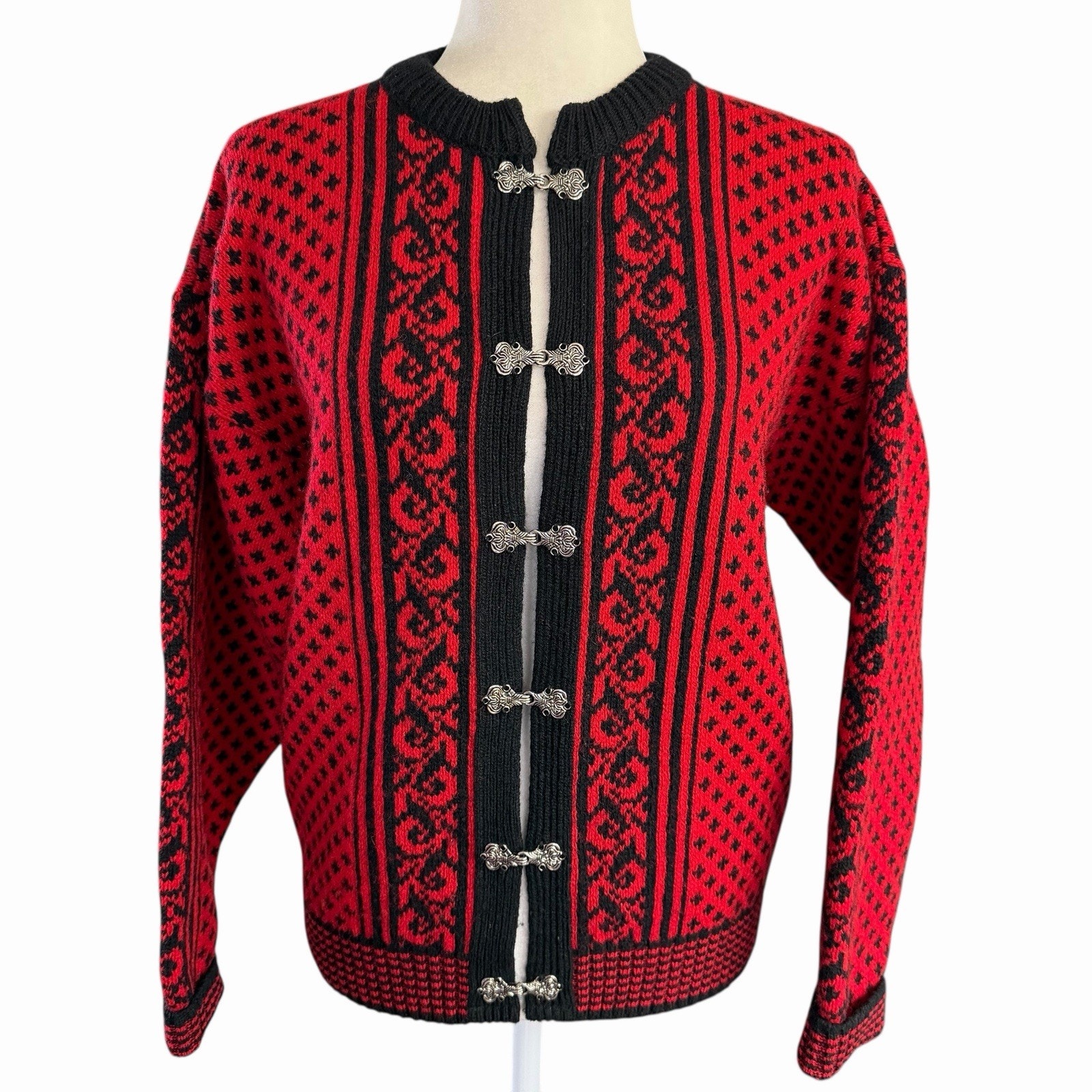 Vintage Norsknit Sweater Cardigan Wool Metal Clasp Norway Red Classic 38 Us 6